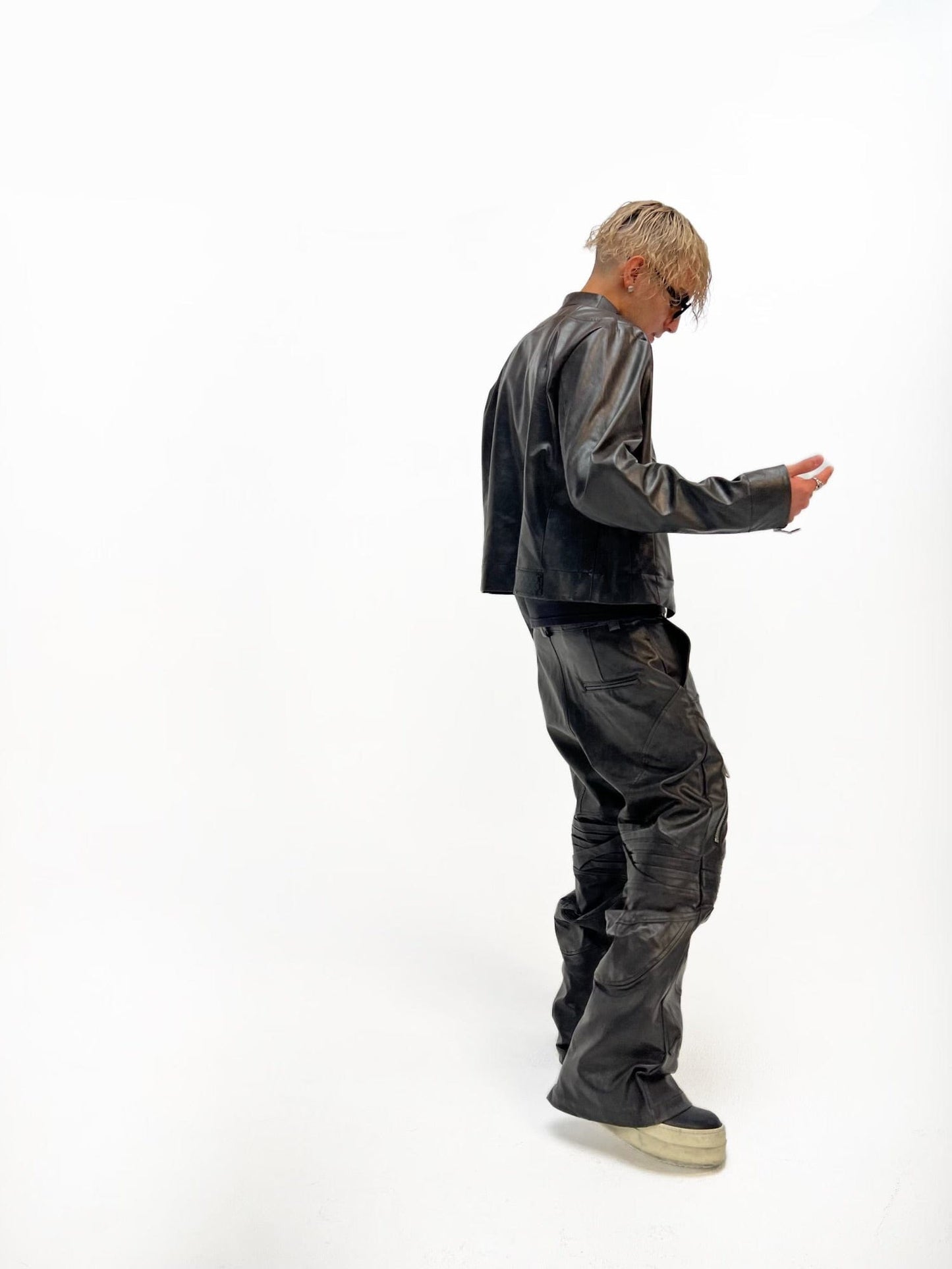 QAOS® Leather Jacket in Stone Wash Black